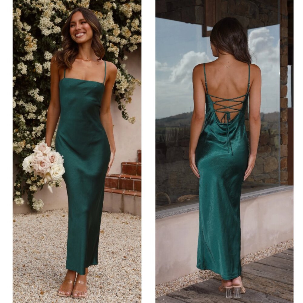 BILLY J Keira Midi Dress Emerald Green Satin  | Size 6 - Picture 6 of 7